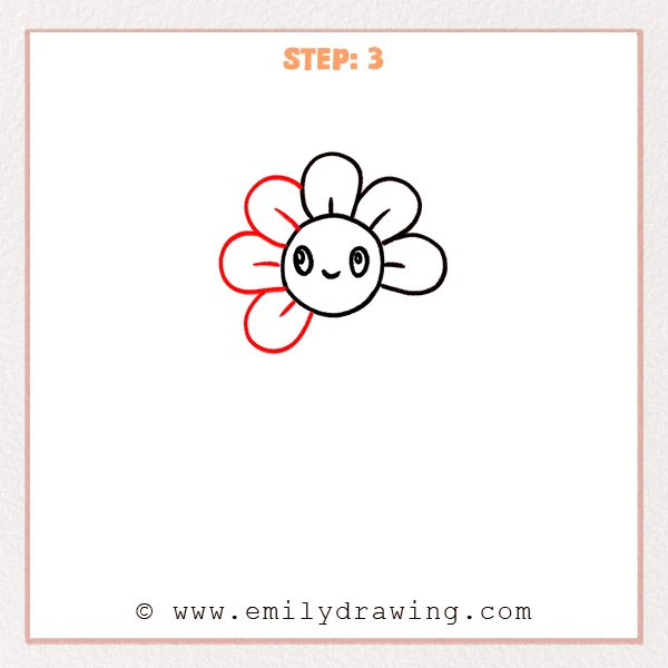 how to draw a cartoon flowers - Step 3 of how to draw cartoon flowers—Several new rounded petals are added on the left side of the smiling flower face, each with a small curved inner line.